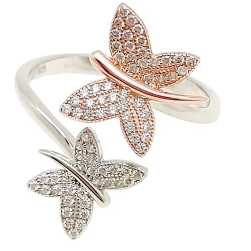 Ezüst lepkés gyűrű rosegold és ezüst pillangókkal