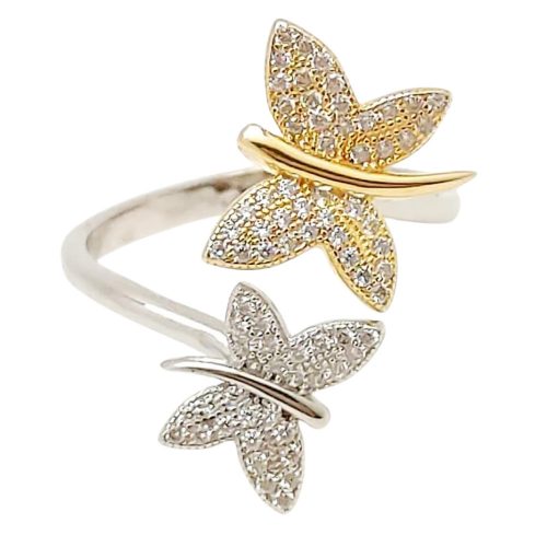 Ezüst lepkés gyűrű aranyozott és ezüst pillangókkal