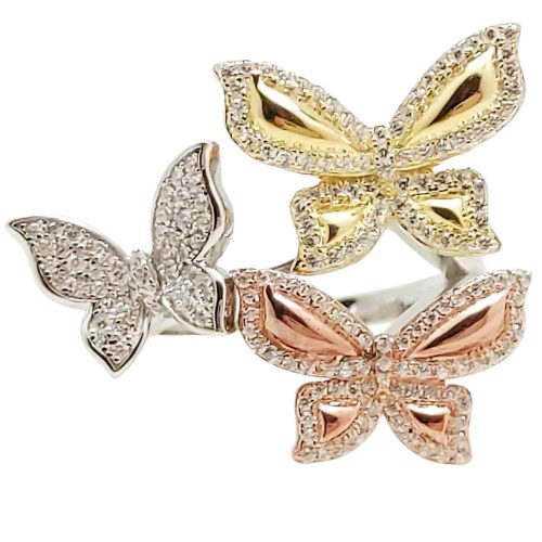 Ezüst lepkés gyűrű arany, rozé arany és ezüst színű pillangóval