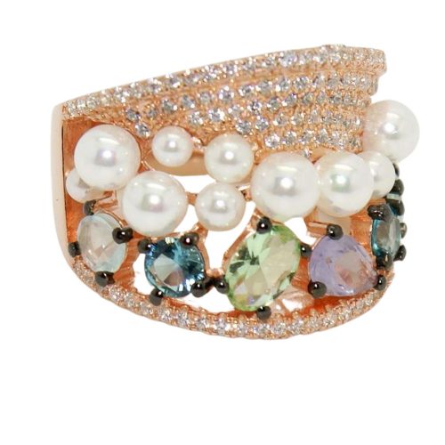 Ezüst koktél gyűrű rosegold színben fehér gyöngyökkel és színes kövekkel 