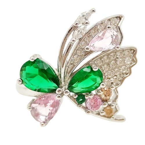 Ezüst pillangó gyűrű zöld kővel