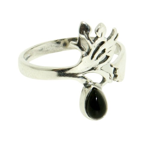 Ezüst állítható gyűrű fekete ónix és fa mintával